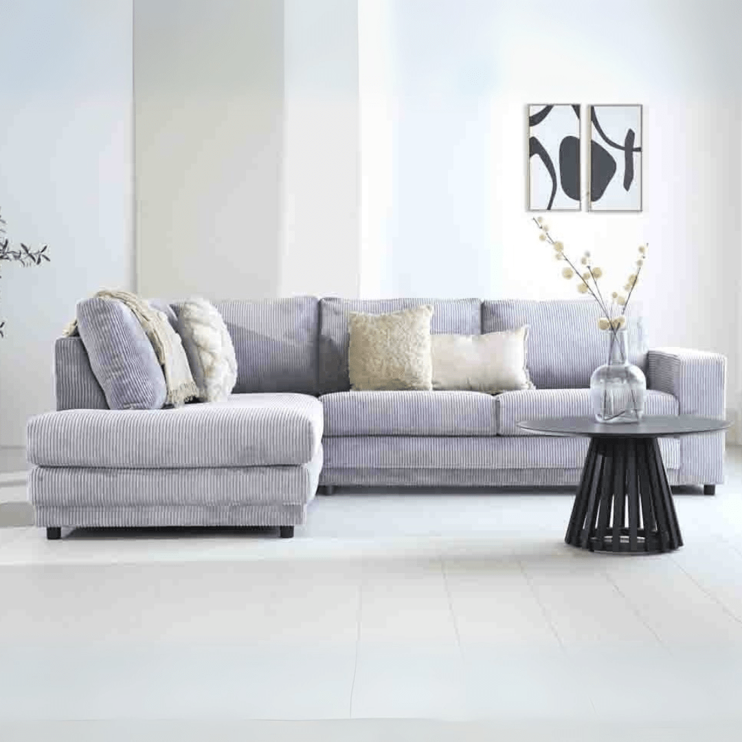 Ecksofa hellgraues Rippstoff-Sofagarnitur Gabi - links