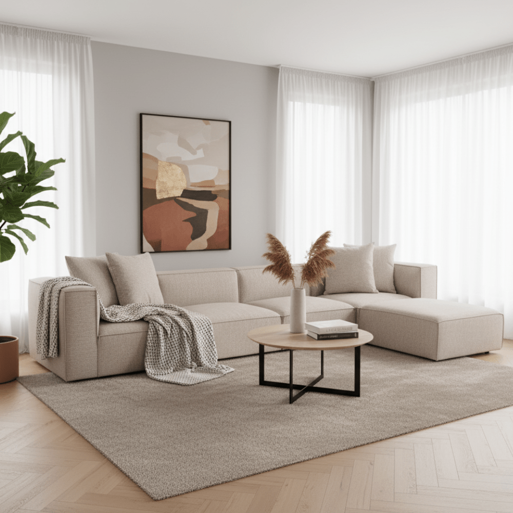 Modulare XXL-Ecksofa beige Leinen 430 cm breit Sora - rechts