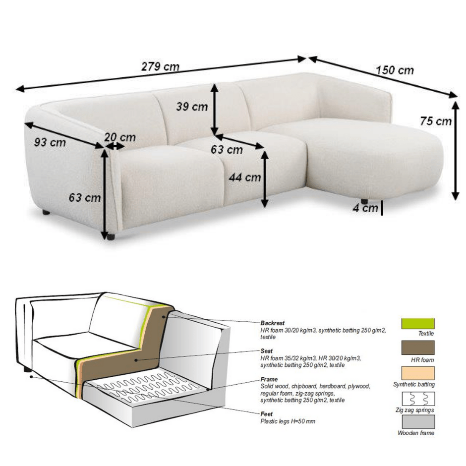 Ecksofa organische Form Creme Locken Sophie - rechts