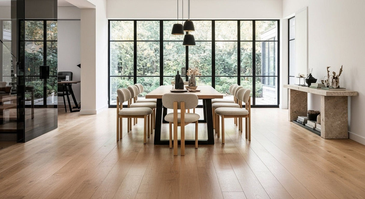 Japandi Esszimmerstuhl Miyo Bouclé Sandfarbe - Walnusslook Rahmen