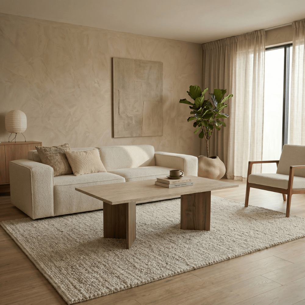 Rechteckiger Couchtisch aus Walnuss-Melamin mit Travertinplatte Sabin 119x60 cm