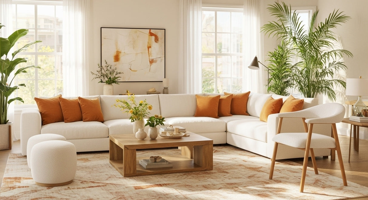 Japandi Esszimmerstuhl Ivory Bouclé Suki - Eichenlook Rahmen - Mit Armlehne