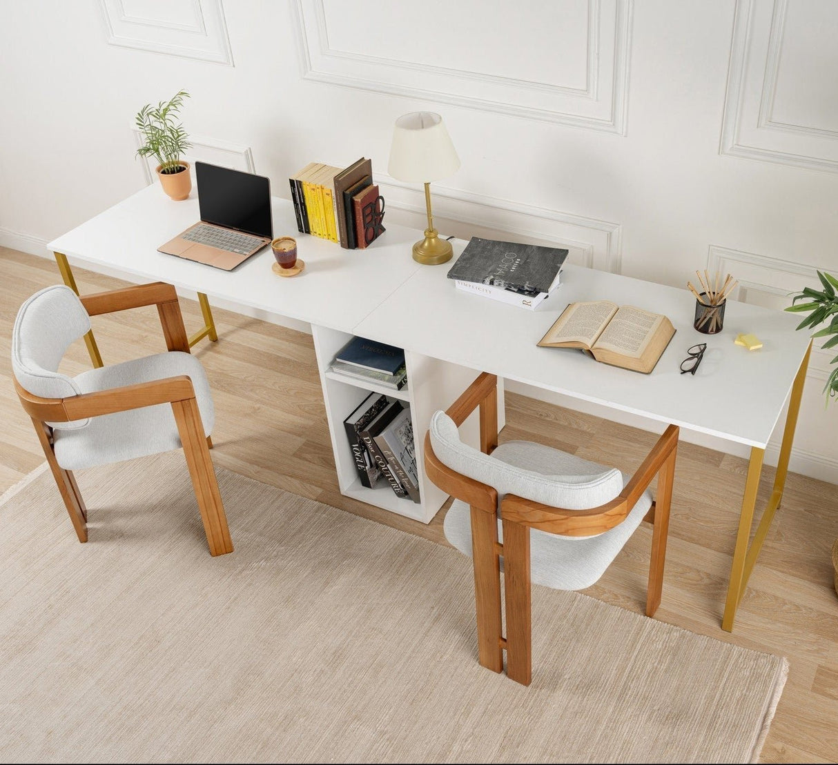 Studie Büro Melamin 240x60 cm Twin Study Desk mit Silber und Gold Weiß Gold