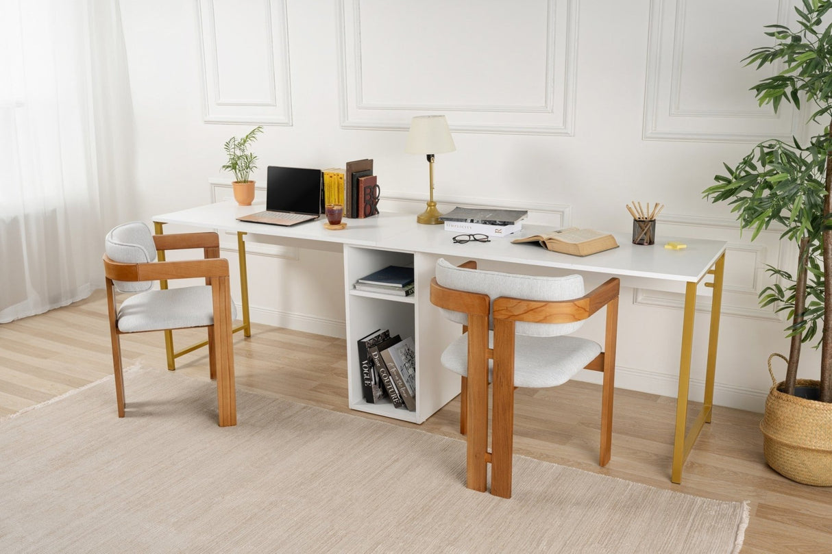Studie Büro Melamin 240x60 cm Twin Study Desk mit Silber und Gold Weiß Gold