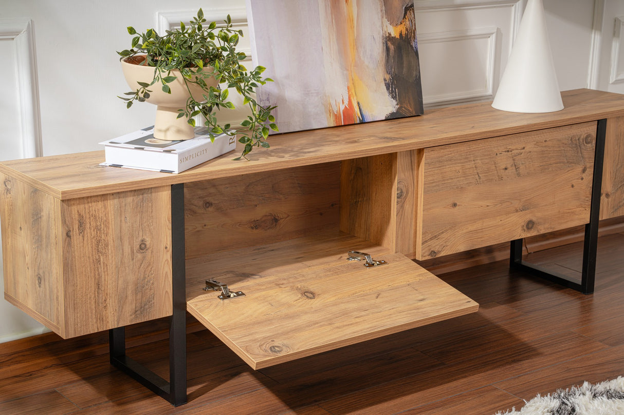 TV Möbel Natur Melamin Schwarz Rahmen Blitz 50x180x29,5 cm