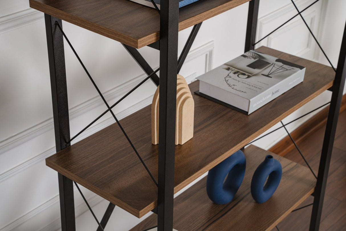 Boekenkasten - Industriële boekenkast walnoot melamine Ely - zwart frame - 180x90 cm - Dimehouse