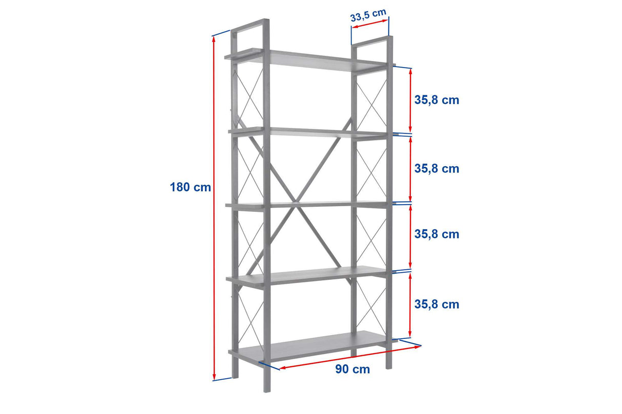 Boekenkasten - Industriële boekenkast walnoot melamine Ely - zwart frame - 180x90 cm - Dimehouse