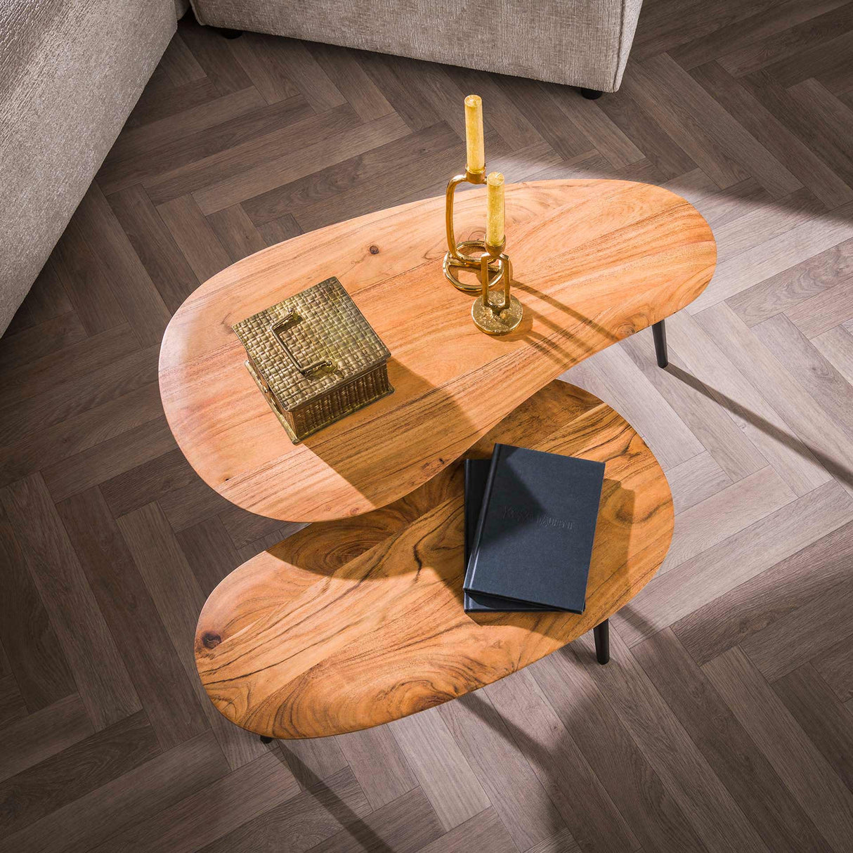 Organische nierförmige Couchtisch Set Elvie aus 2 Akazienholztischen