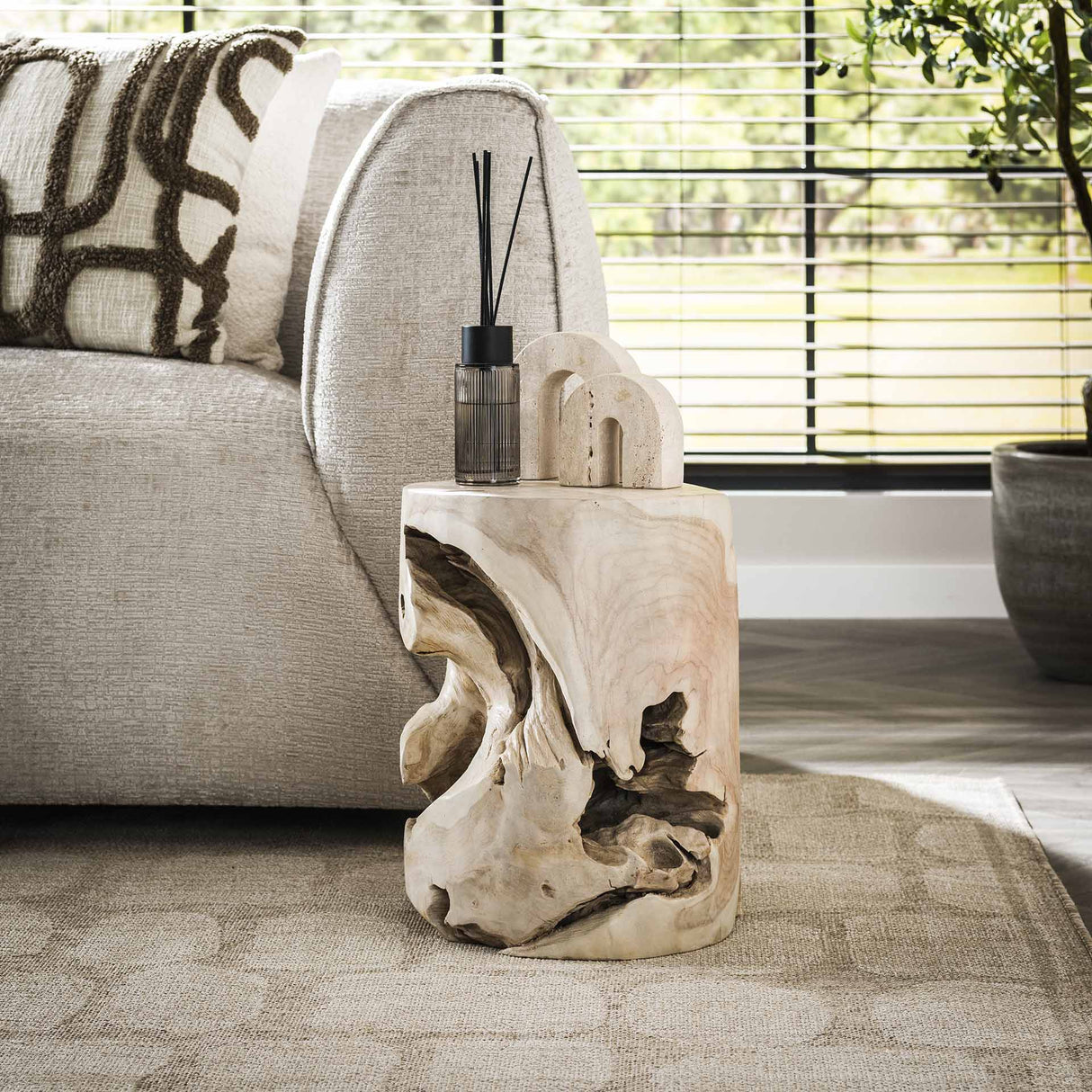 Beistelltisch Rund Brett Teakholz Baumstamm White Wash Ø30 cm