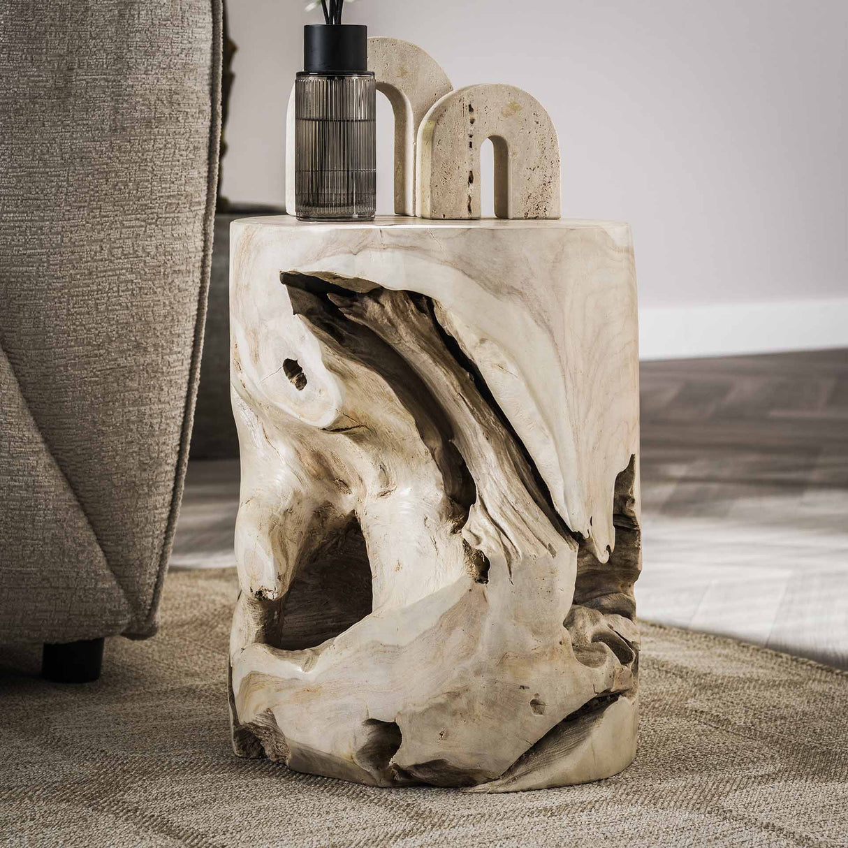 Beistelltisch Rund Brett Teakholz Baumstamm White Wash Ø30 cm