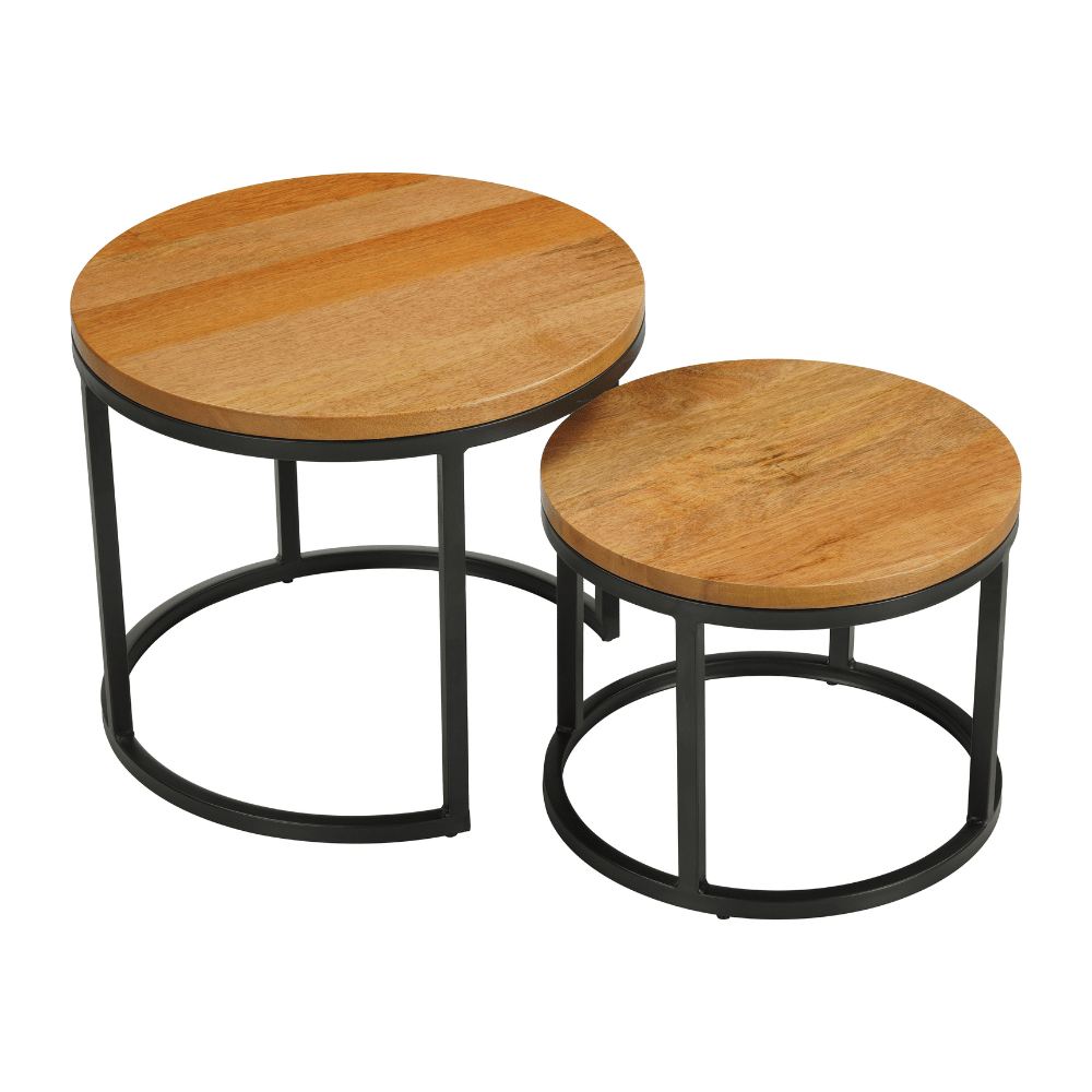 Couchtische-Set aus 2 runden Couchtischen natur Mangoholz - industriell - Rosy-Dimehouse