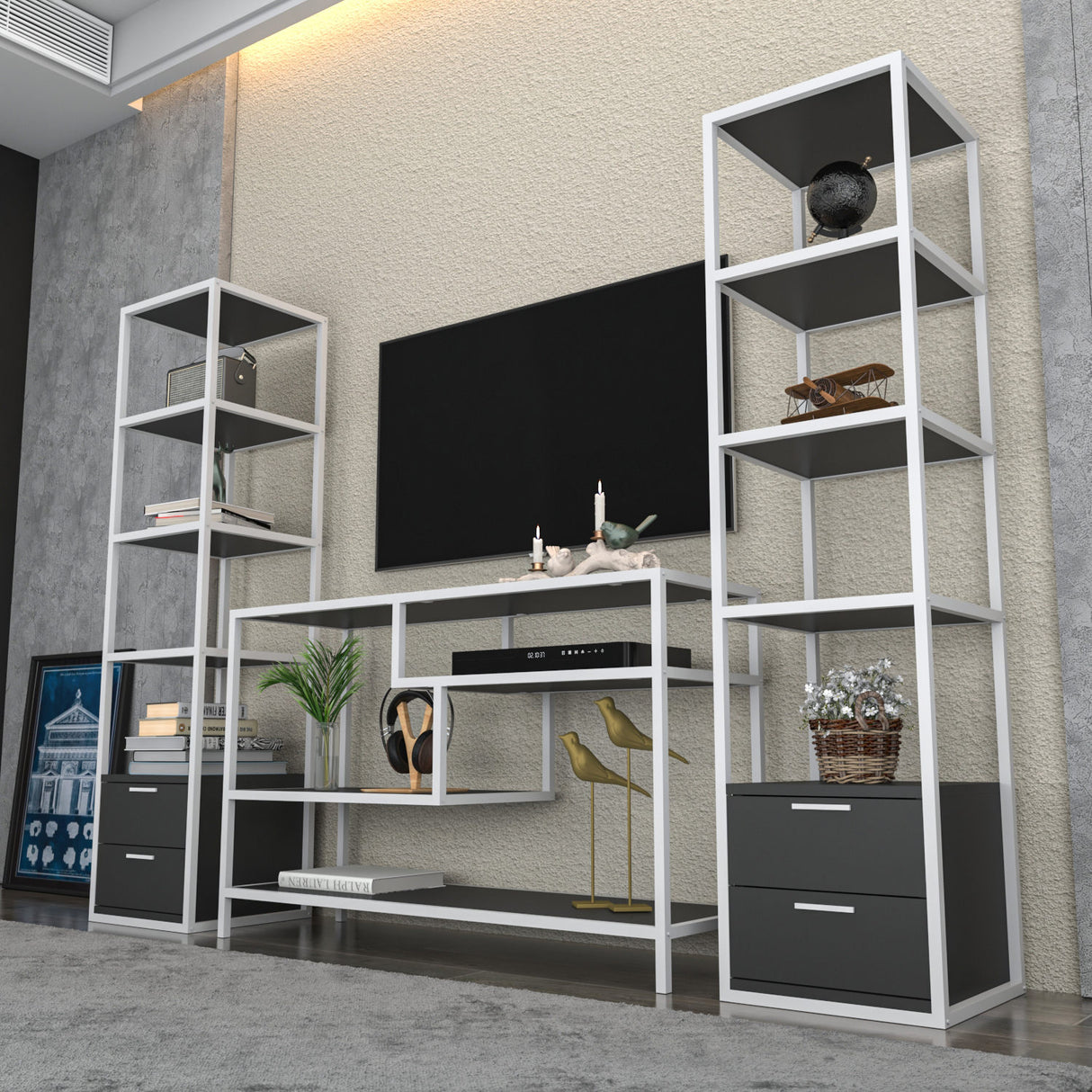 TV -Möbel -Set Robbins weißes Weiß Anthrazit Melamin 198x160x39 cm