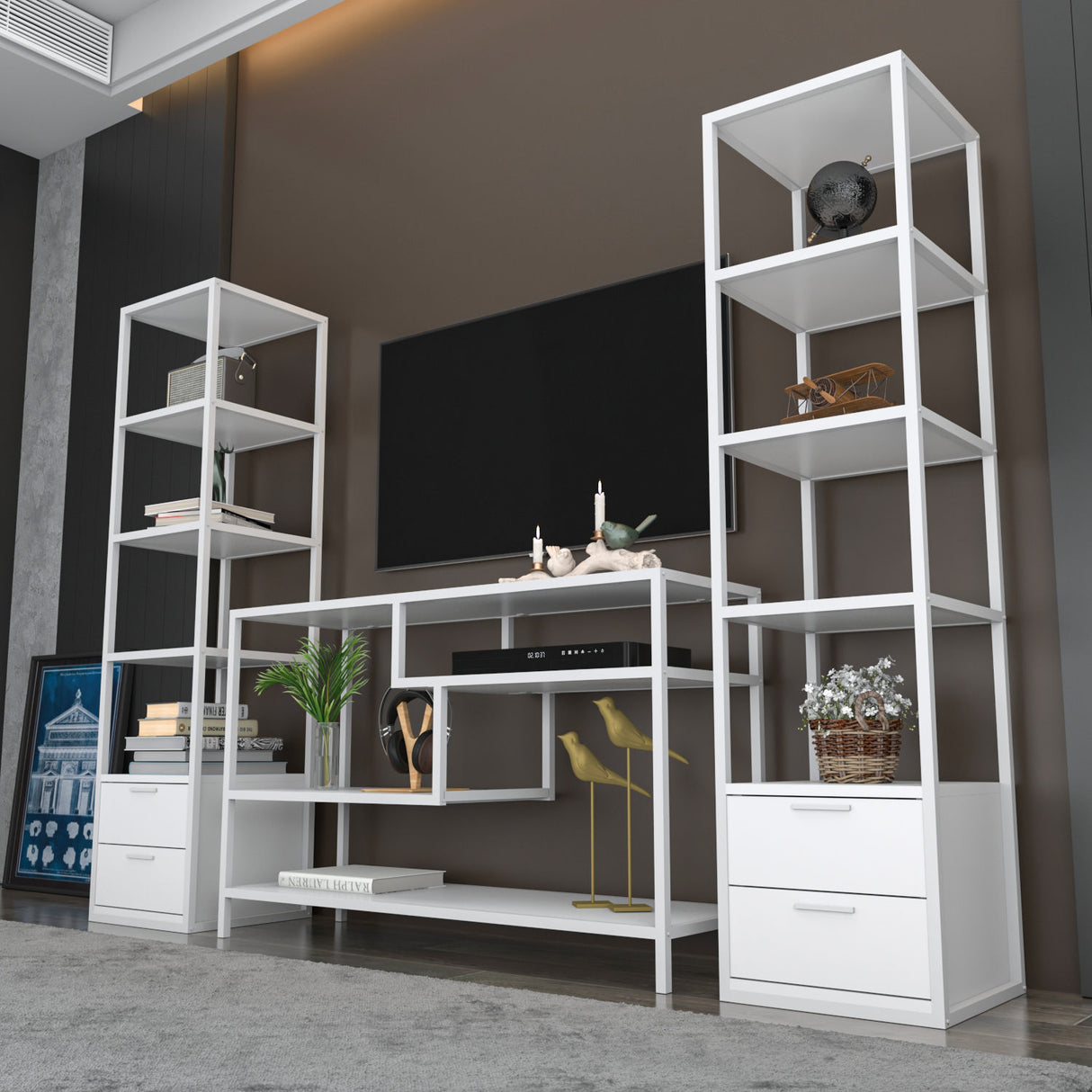 TV -Möbel Set Robbins Weißes weißes Melamin 198x160x39 cm