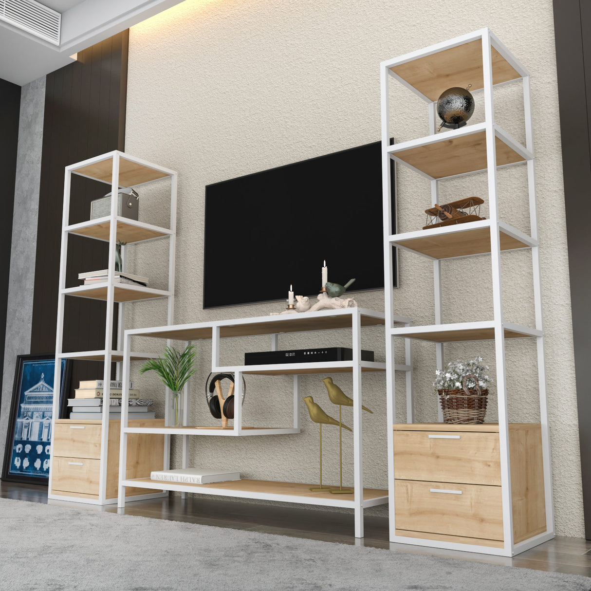 TV -Möbel Set Robbins Weiß weiße Melamin 198x160x39 cm