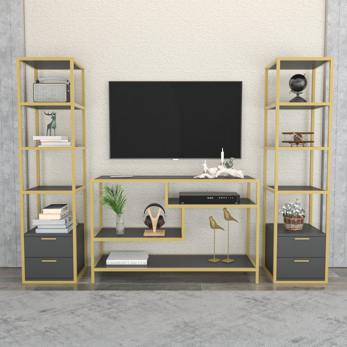TV -Möbel Set Robbins Gold Gold Anthrazit Melamin 198x160x39 cm