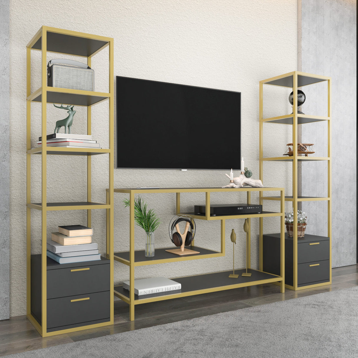 TV -Möbel Set Robbins Gold Gold Anthrazit Melamin 198x160x39 cm