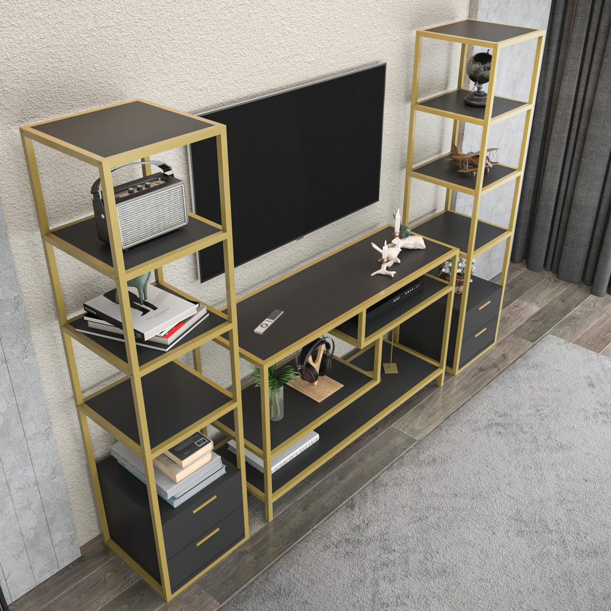 TV -Möbel Set Robbins Gold Gold Anthrazit Melamin 198x160x39 cm