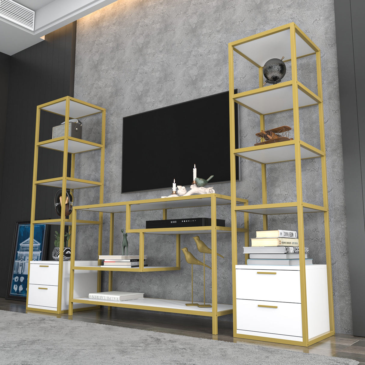 TV -Möbel Set Robbins Gold Gold Weiß Melamin 198x160x39 cm