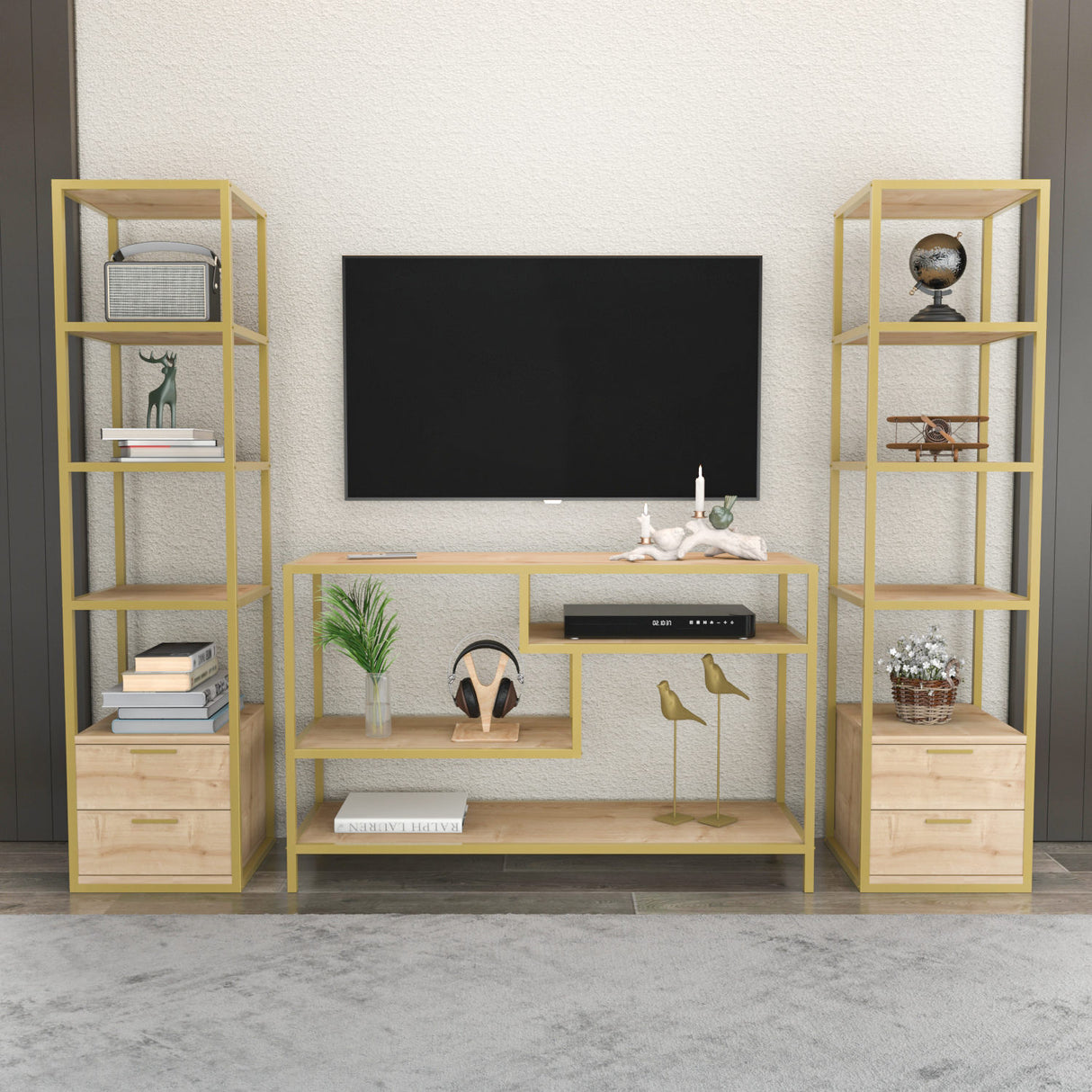 TV -Möbel Set Robbins Gold Gold Oak Melamin 198x160x39 cm