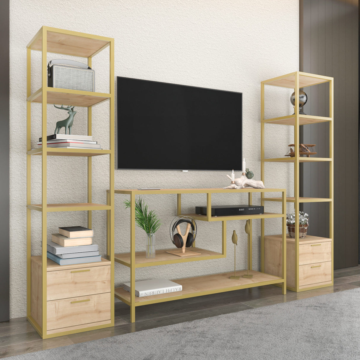 TV -Möbel Set Robbins Gold Gold Oak Melamin 198x160x39 cm