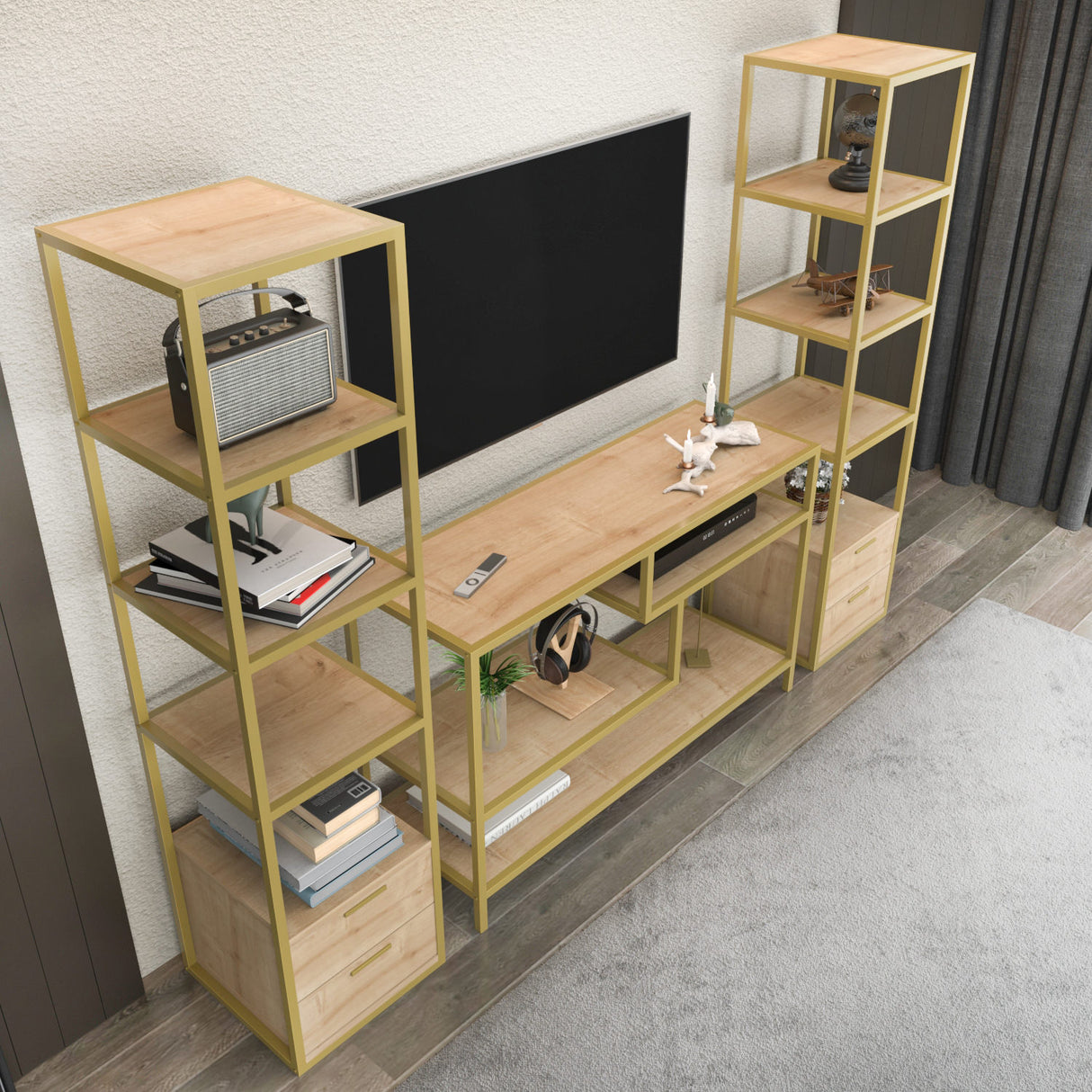 TV -Möbel Set Robbins Gold Gold Oak Melamin 198x160x39 cm