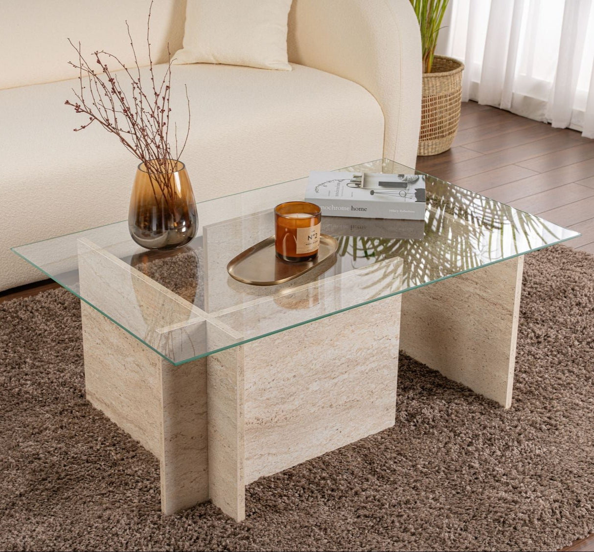 Rechteckiger Moderner Couchtisch Vetroni Travertin Look - Glas - 105x65 cm
