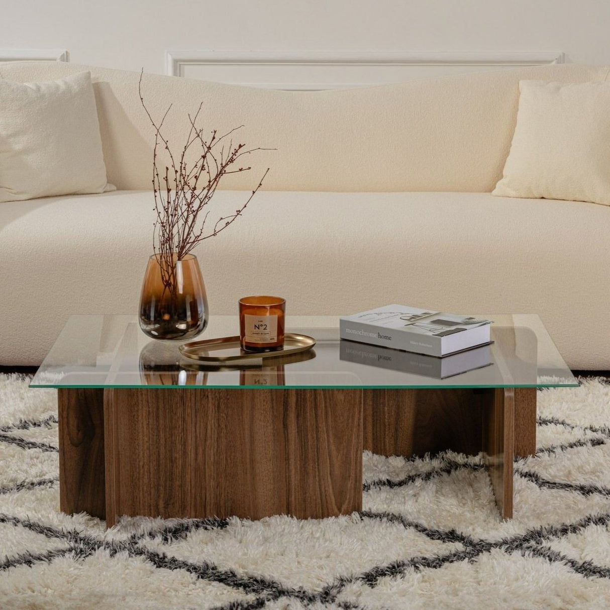 Couchtisch Naturwalnuss Glas Opal 105x65x30 cm