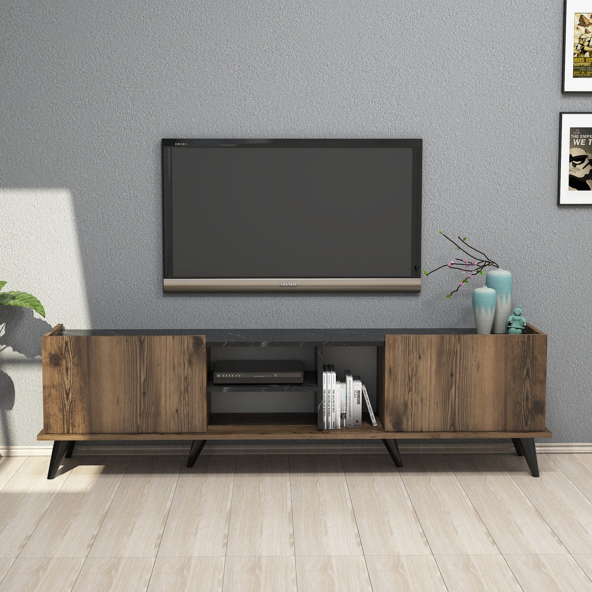 TV -Möbel eleganter Walnuss schwarzes Melamin 180x52x34 cm