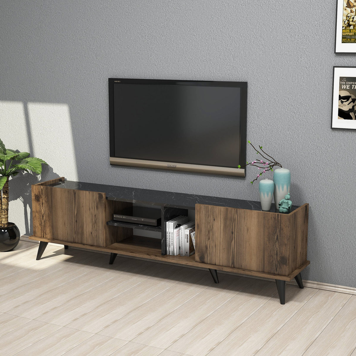 TV -Möbel eleganter Walnuss schwarzes Melamin 180x52x34 cm
