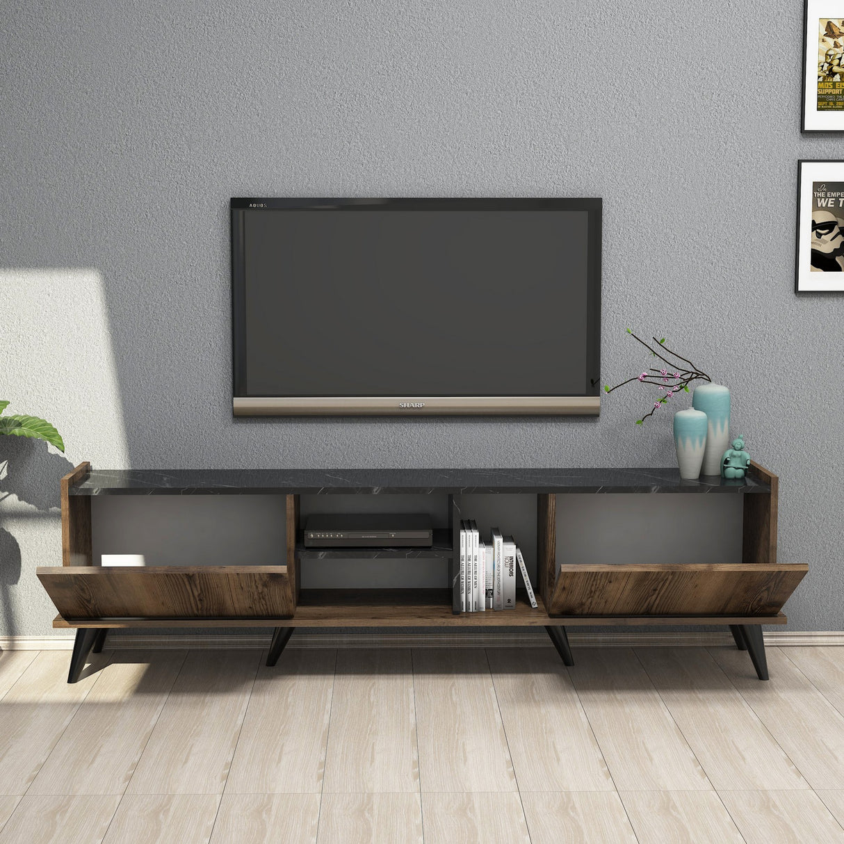TV -Möbel eleganter Walnuss schwarzes Melamin 180x52x34 cm