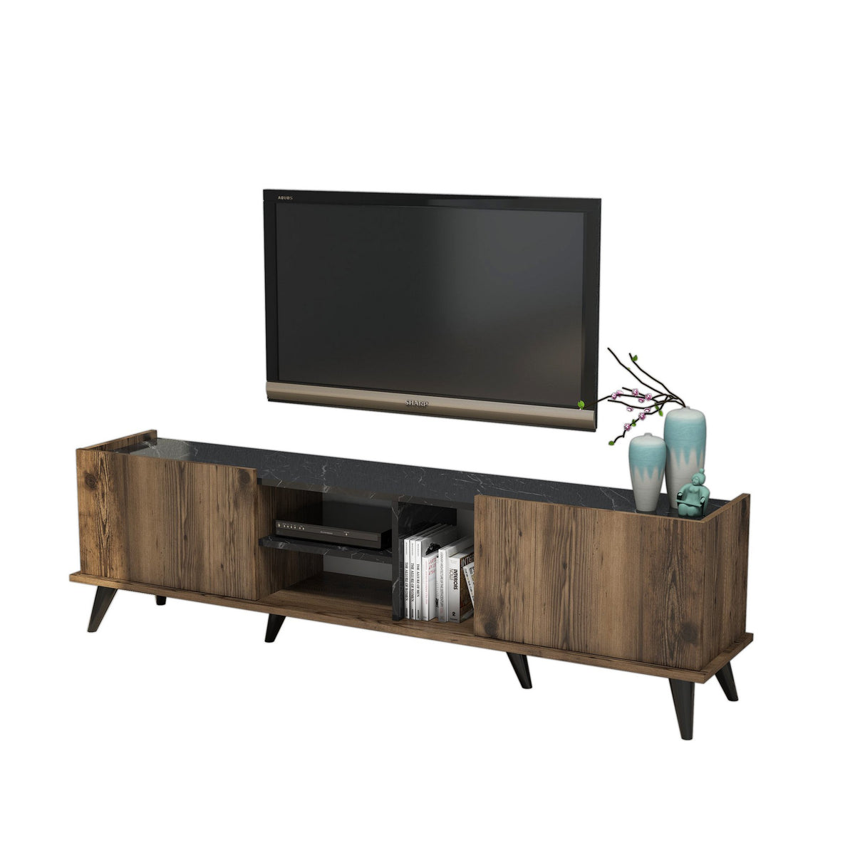 TV -Möbel eleganter Walnuss schwarzes Melamin 180x52x34 cm