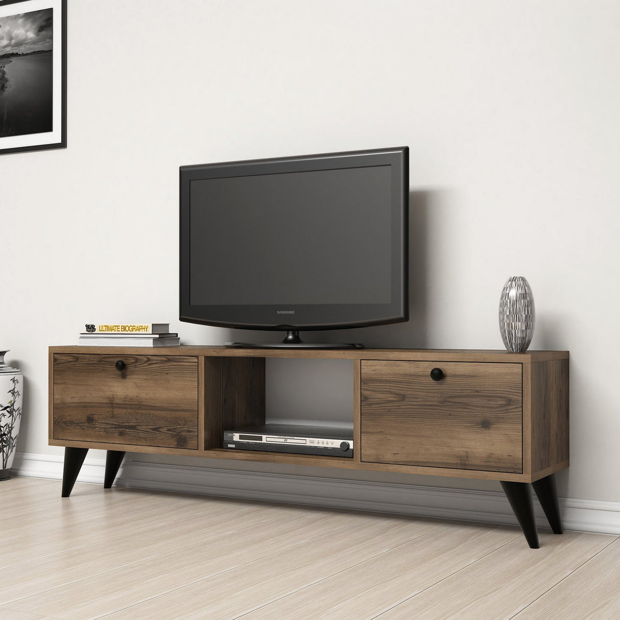TV-Möbel Serenat Walnut Black Melamin 138x42.6x29.5 cm