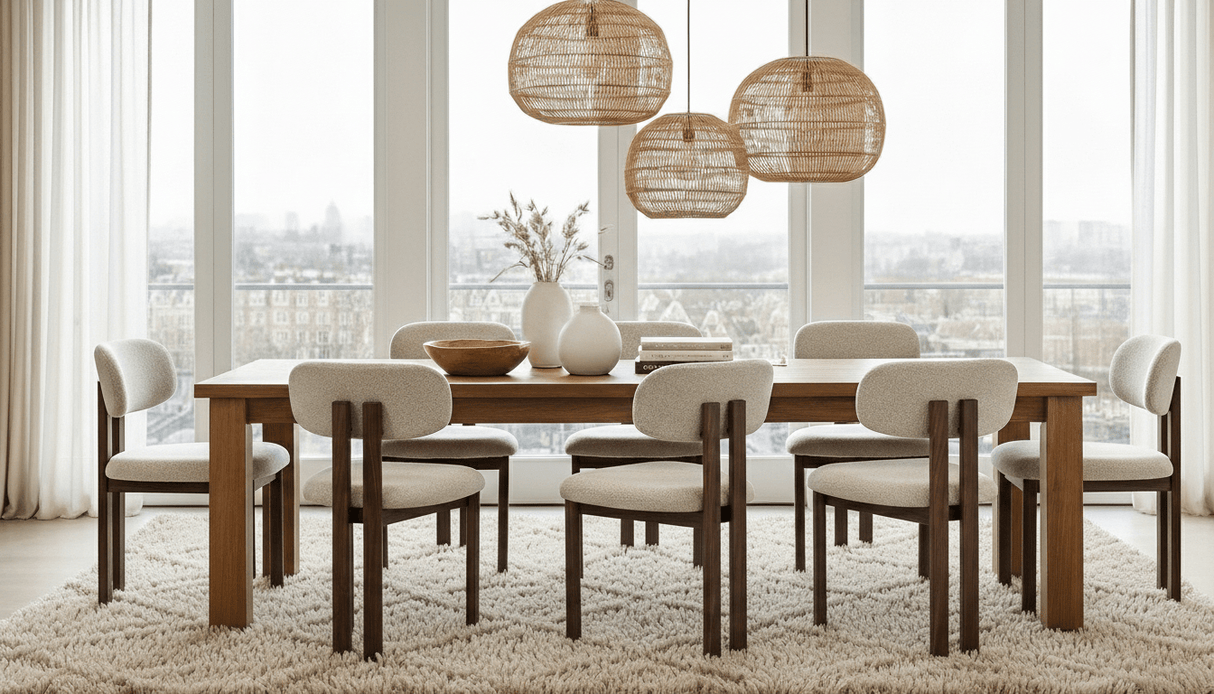 Japandi Esszimmerstuhl Miyo Bouclé Sandfarbe - Walnusslook Rahmen