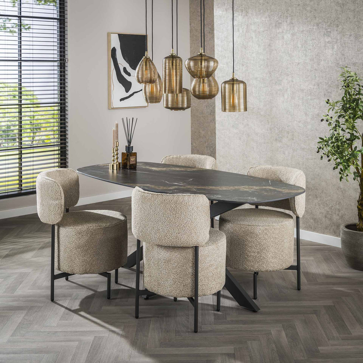 Esstisch Dolore 180x90 cm Dänisch Oval Marmorlook Schwarz
