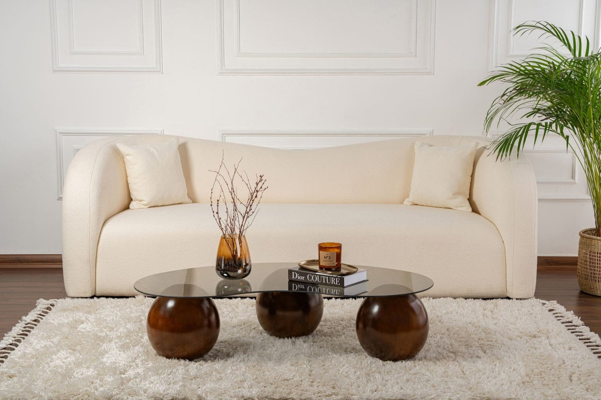 Organischer Couchtisch, grau getöntes Glas, Walnuss-Kugelbeine, Kugel, 120 x 70 cm