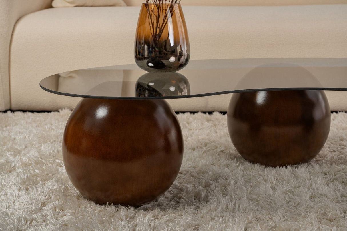Organischer Couchtisch, grau getöntes Glas, Walnuss-Kugelbeine, Kugel, 120 x 70 cm