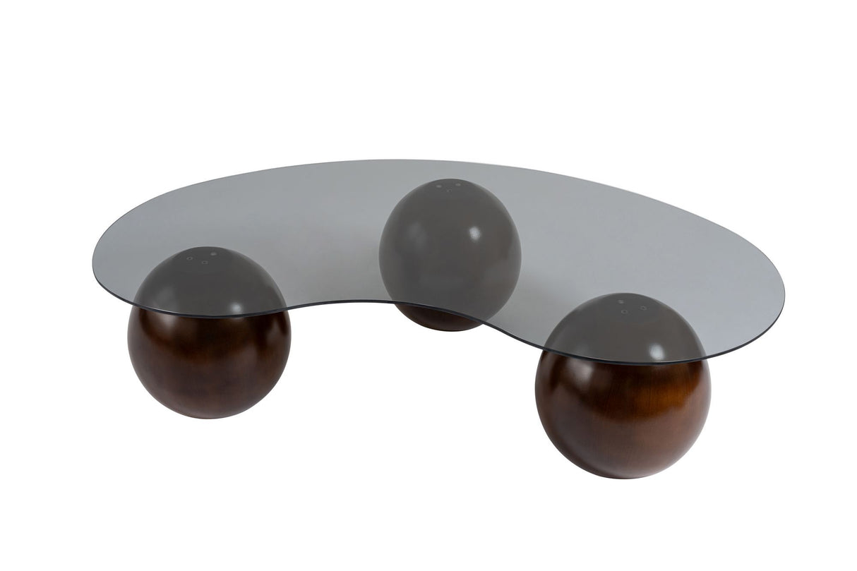 Organischer Couchtisch, grau getöntes Glas, Walnuss-Kugelbeine, Kugel, 120 x 70 cm