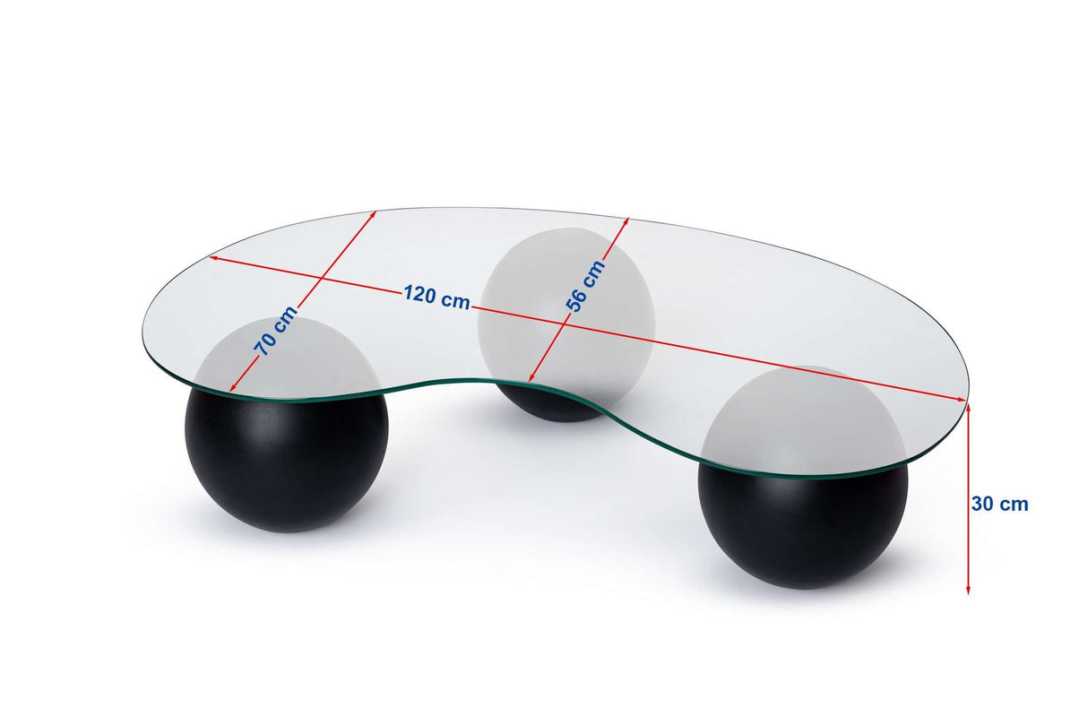 Organischer Couchtisch, grau getöntes Glas, Walnuss-Kugelbeine, Kugel, 120 x 70 cm