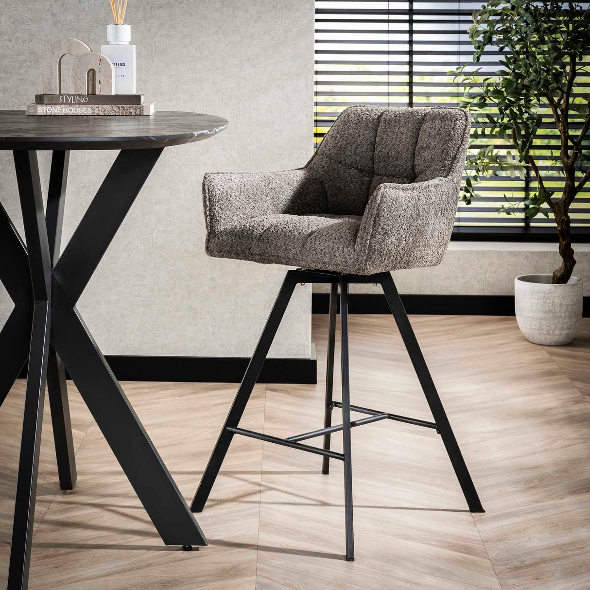 Set von 2 Barhockern Lino Bouclé Taupe Drehbar