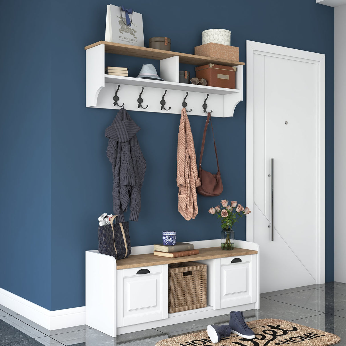 Möbelset Garderobe - Schuhschrank - Weiß-Walnuss Melamin