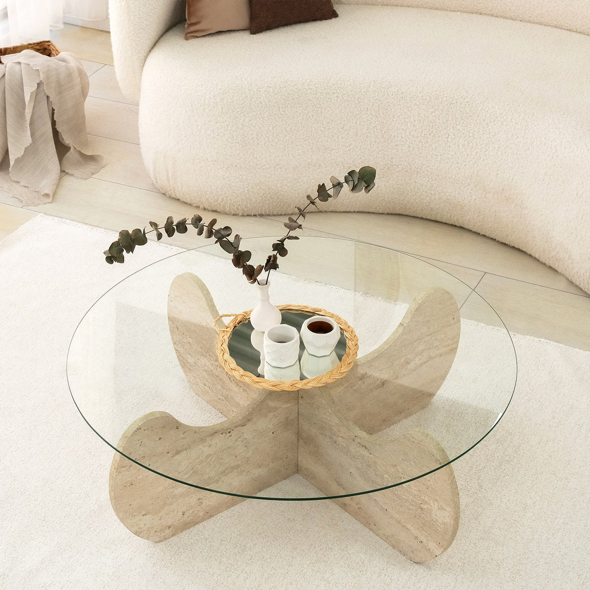 Couchtisch rund Glas 75 cm Travertin - Hima