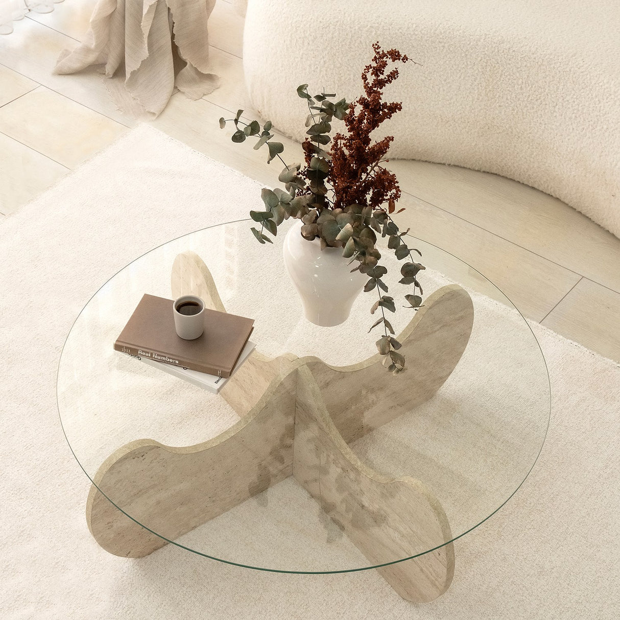 Couchtisch rund Glas 75 cm Travertin - Hima