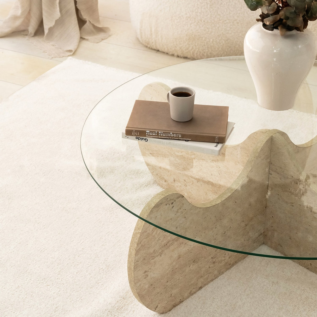 Couchtisch rund Glas 75 cm Travertin - Hima