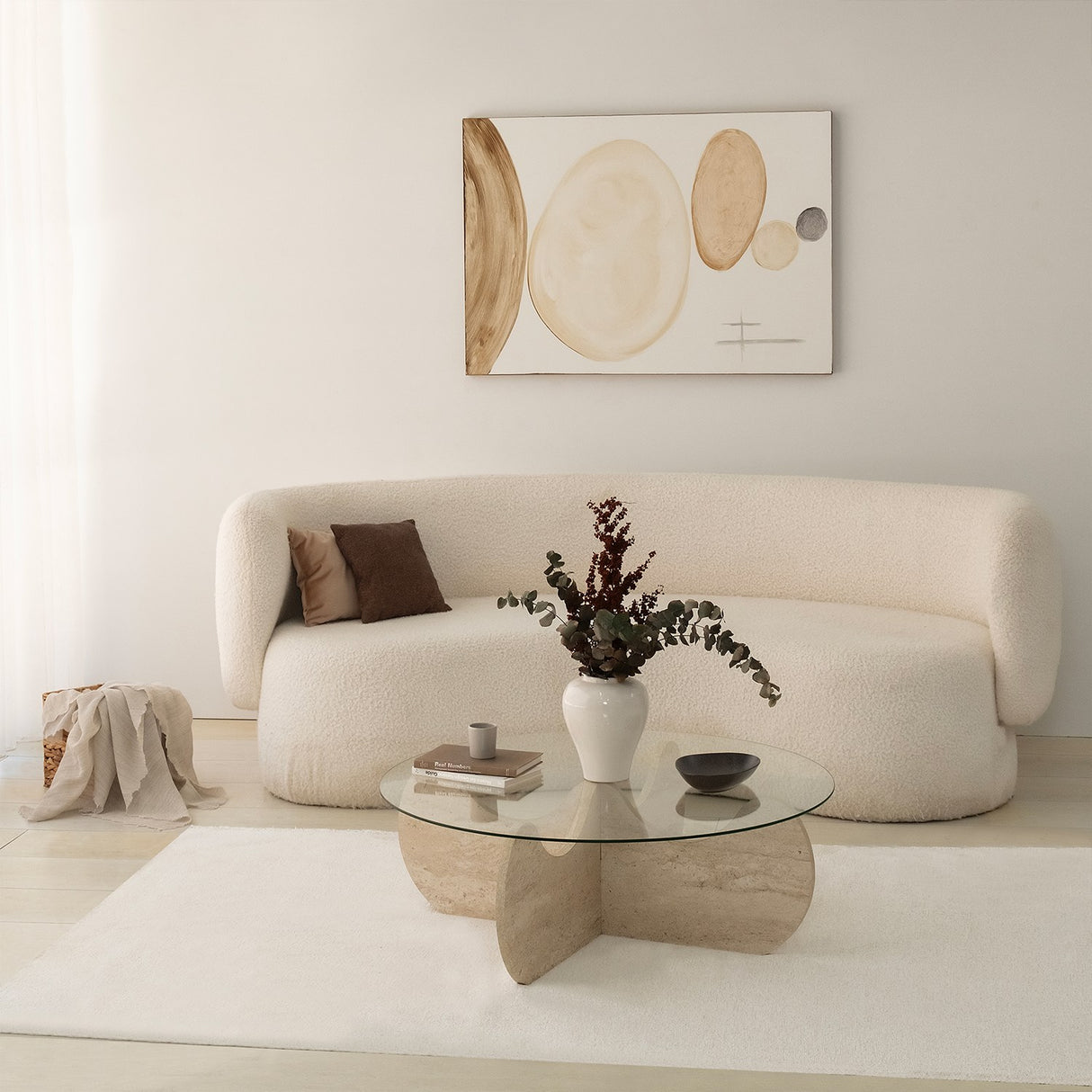 Couchtisch rund Glas 75 cm Travertin - Hima