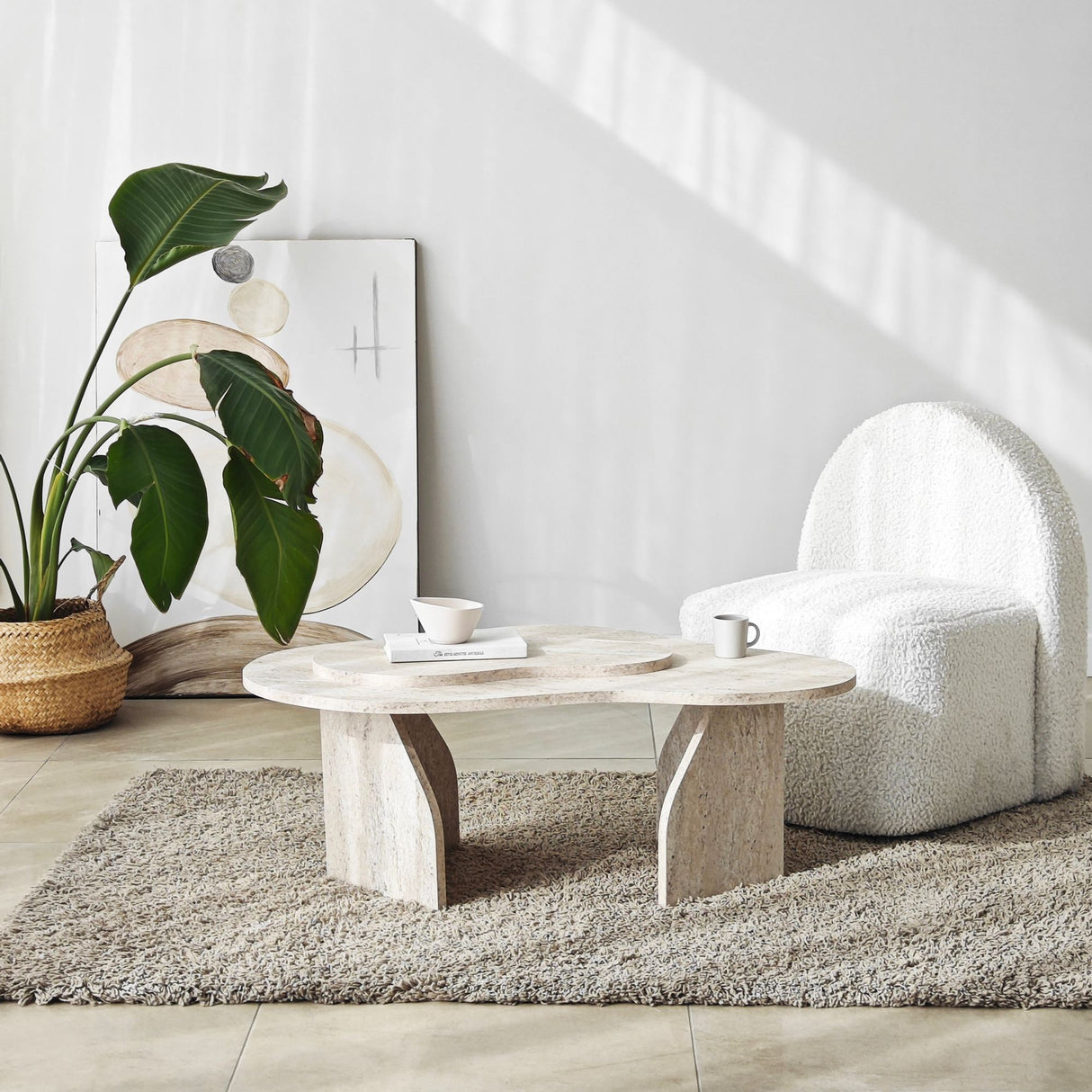 Organischer Couchtisch Travertin Melamin Marmorlook Melta - 105x65 cm