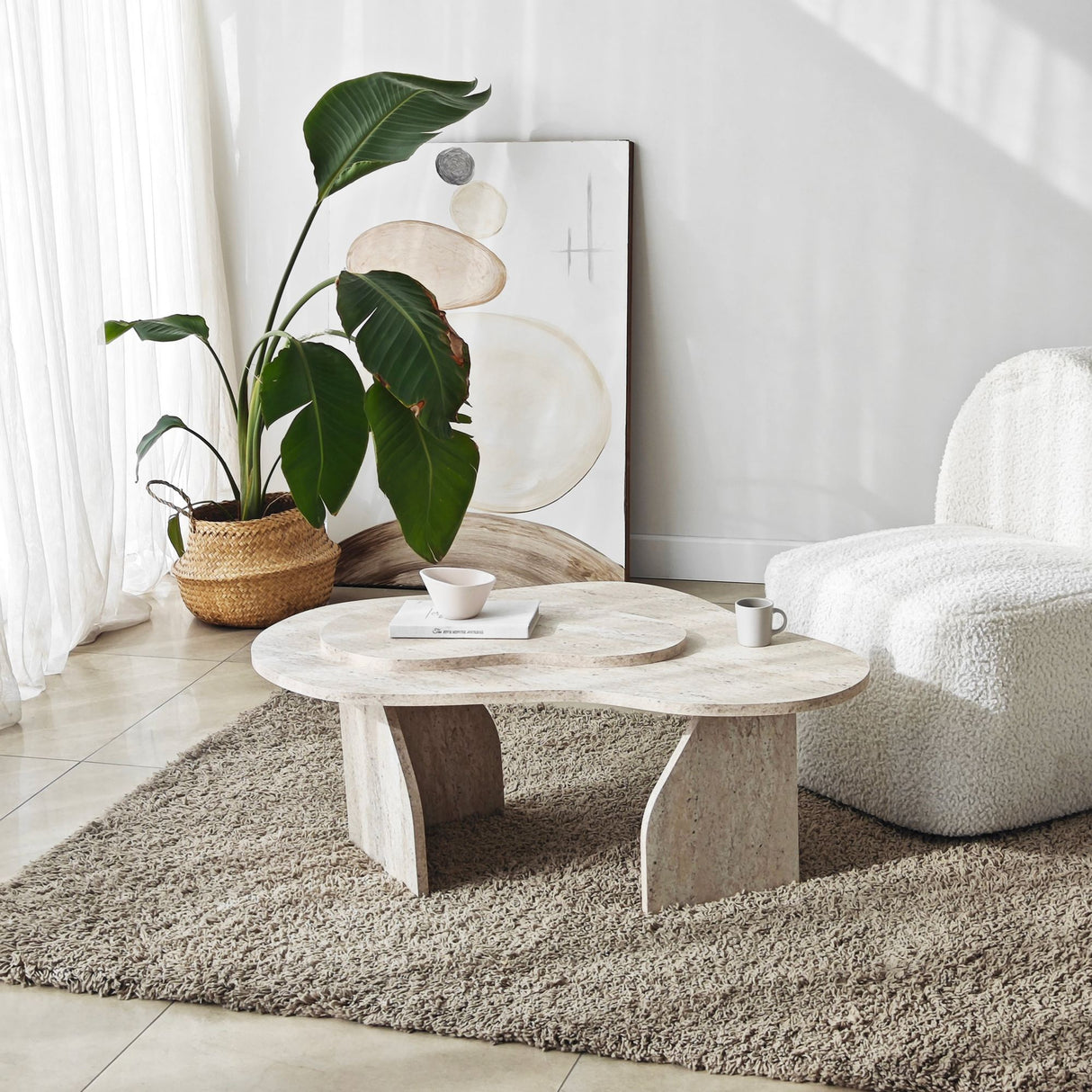 Organischer Couchtisch Travertin Melamin Marmorlook Melta - 105x65 cm