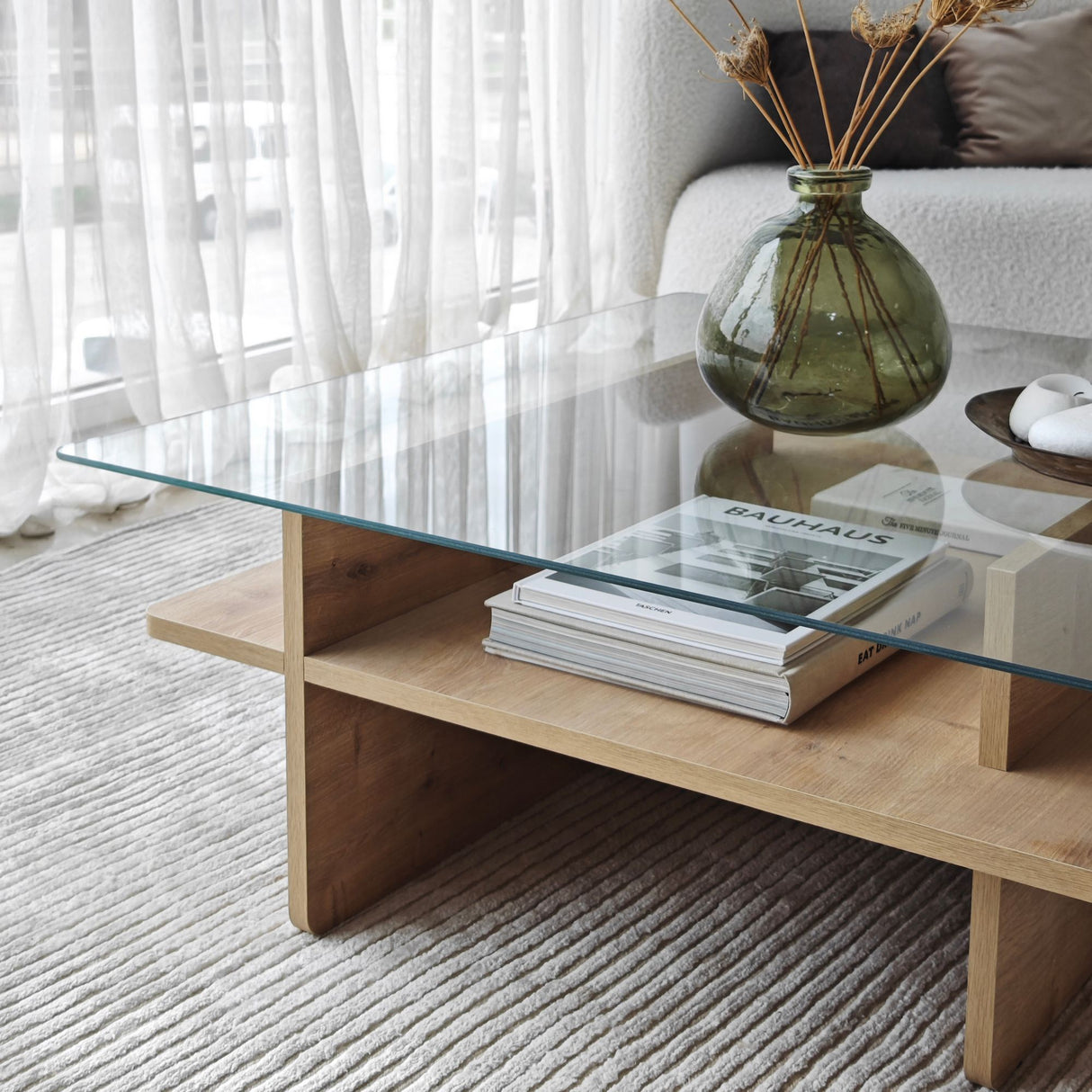 Couchtische - Couchtisch Quadratischer Glas-Sagu – Saphir Melamin Basis - 90x90 cm - Dimehouse