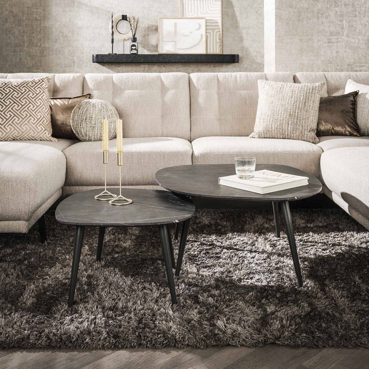 Organic Couchtisch 2er Set Conner Keramikoptik Grau