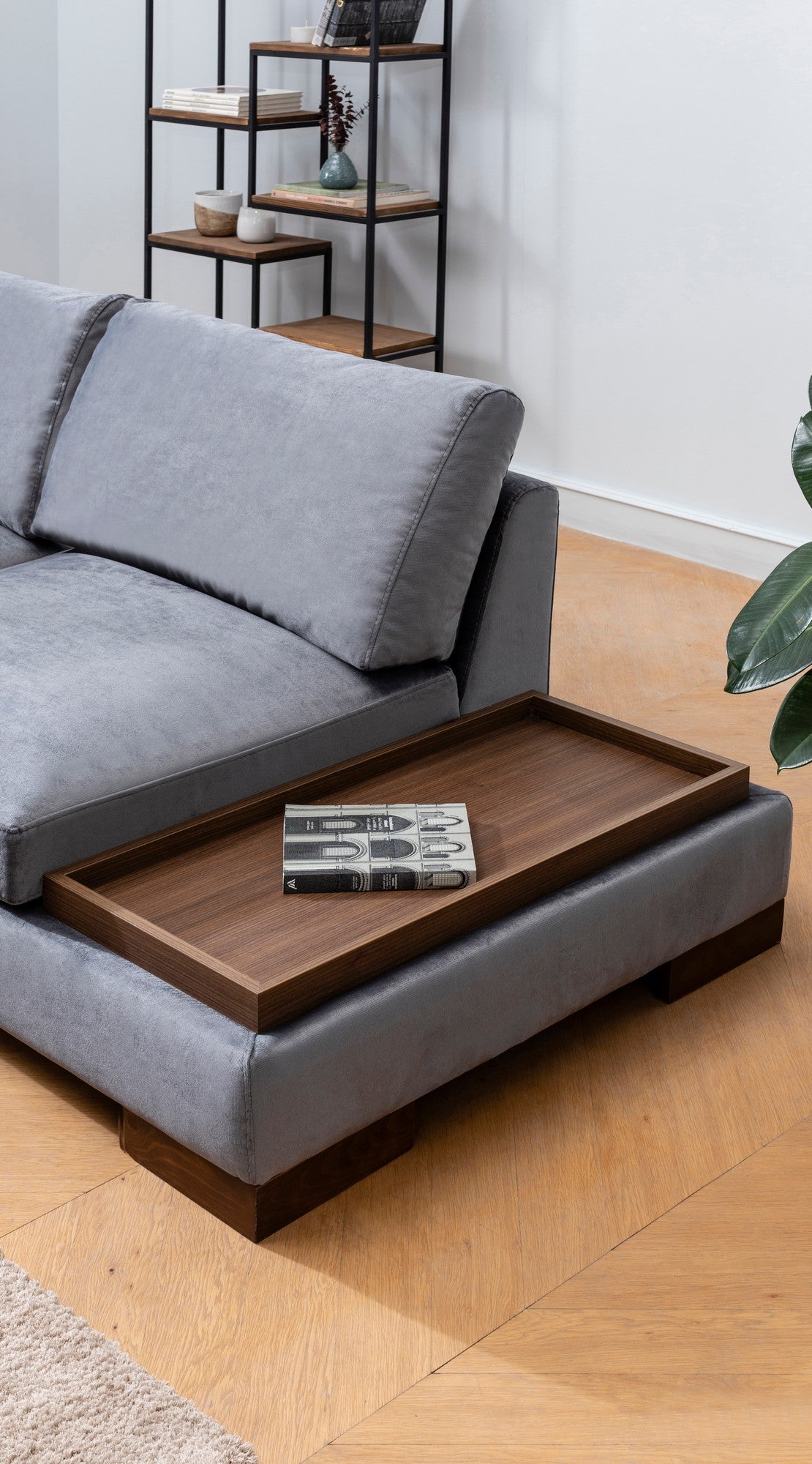 Ecksofa Links Tulpe Dunkelgrau - Mit Hocker