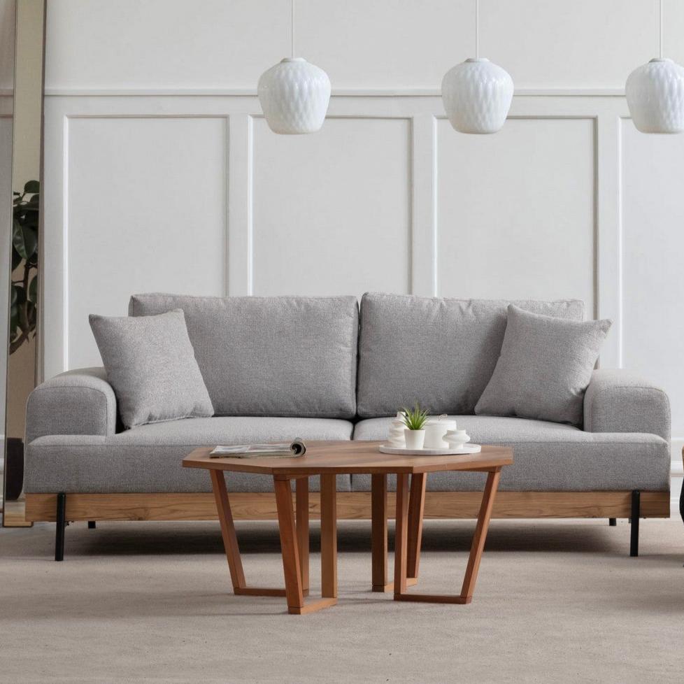 3-Sitzer Sofa Eti Grau - Naturholzrahmen